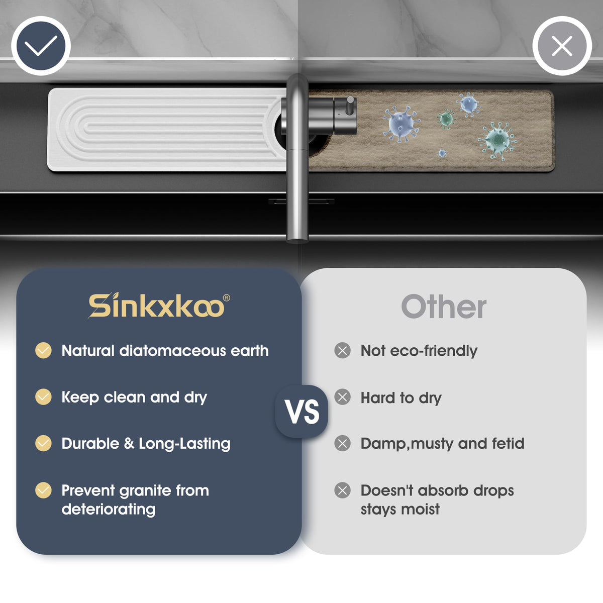SINKXKOO soap and sponge holder on a white sink area for organization.