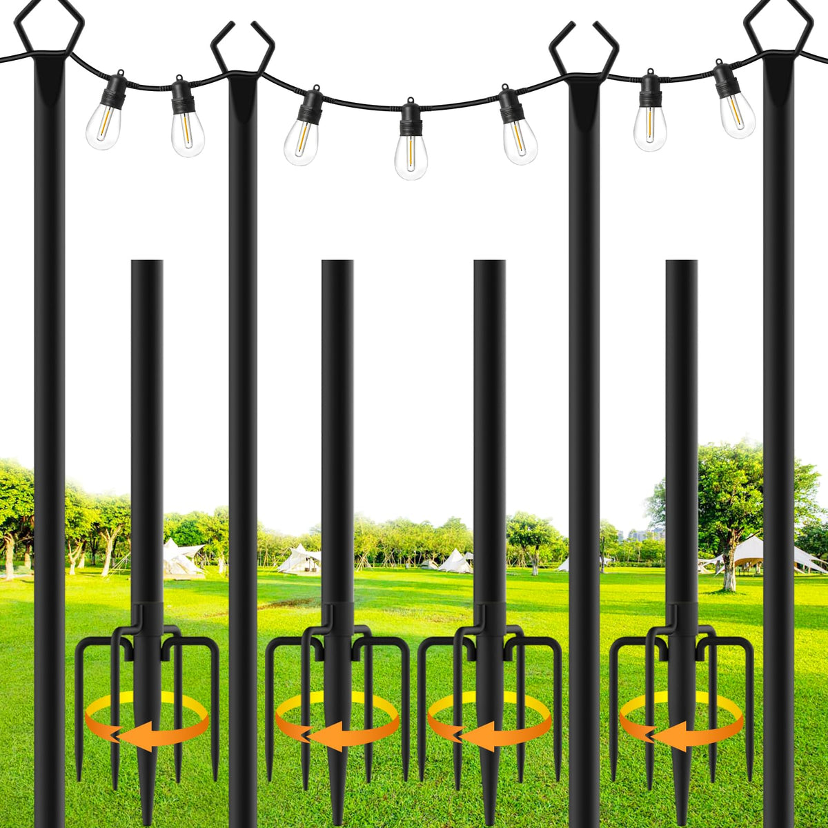 SINLEY 4 pack string light poles for 10 ft setups with sturdy support.