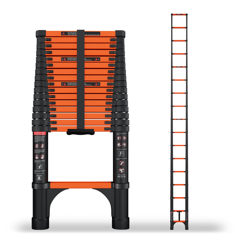 SINMEIRUN telescoping ladder extended for rooftop access and 330 lb capacity
