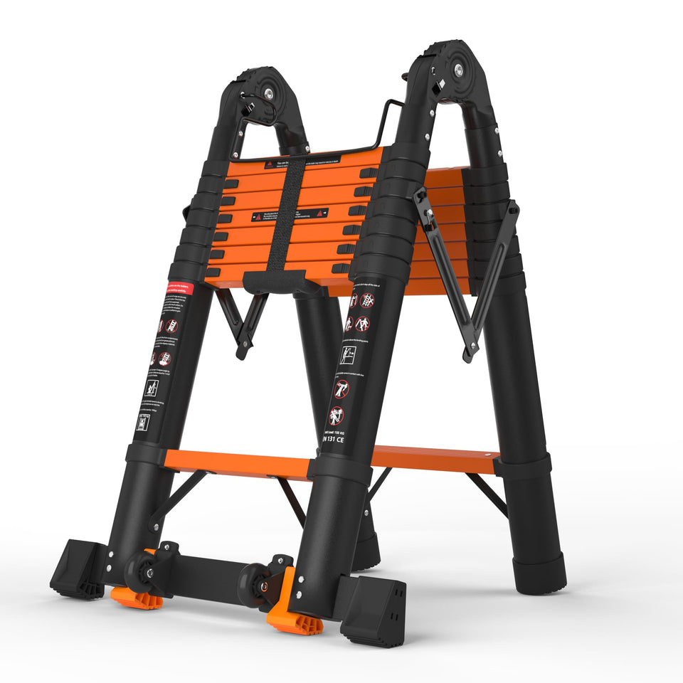 SINMEIRUN telescoping ladder extended view shows reach for high shelves and roof access.