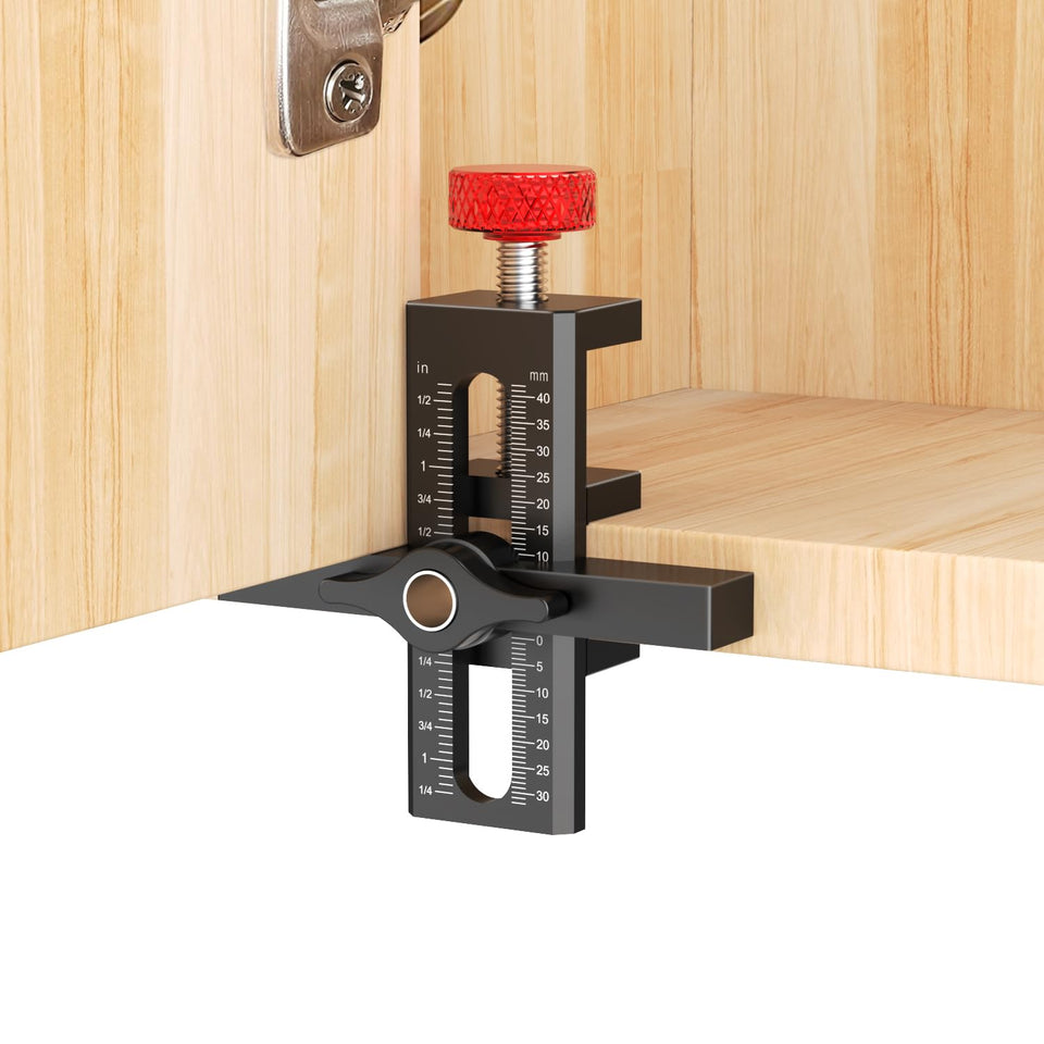 Sinpiode cabinet door mounting jig in use holds doors steady for precise alignment.