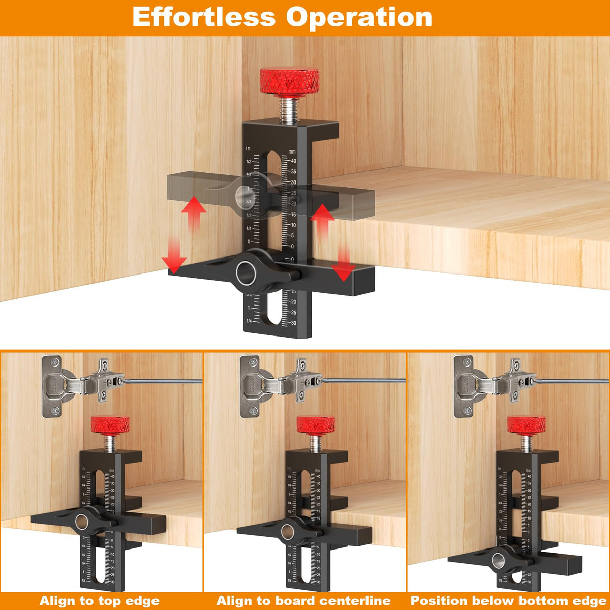 Sinpiode edge-positioner with removable pin enables quick, accurate door setup.