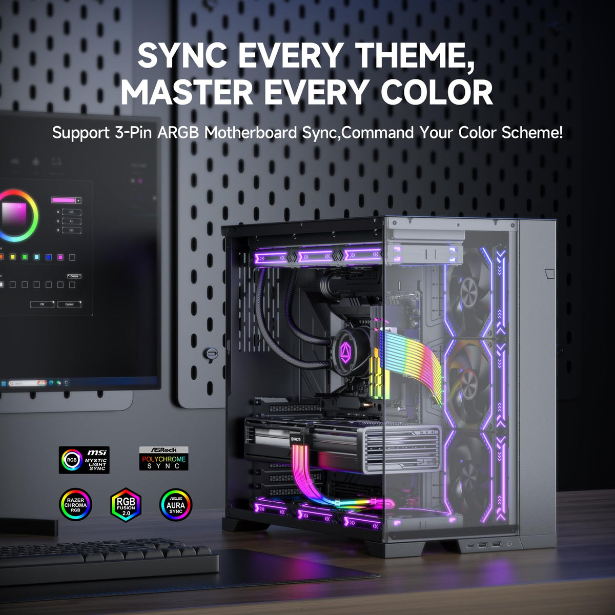 Sirlyr ARGB synchronization works with motherboard software for cohesive lighting.