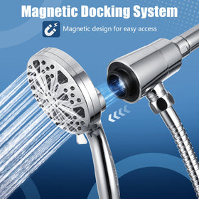 SIROWA shower head shown in magnetic dock for effortless storage and use