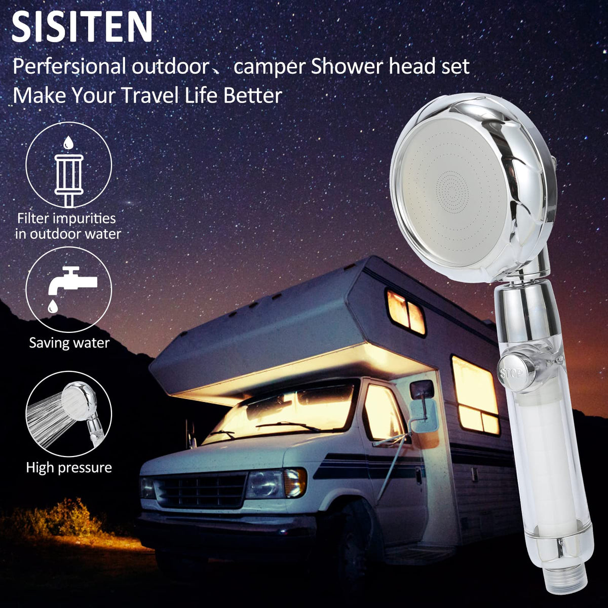 Sisiten RV on-off switch on the shower head for water-saving control.