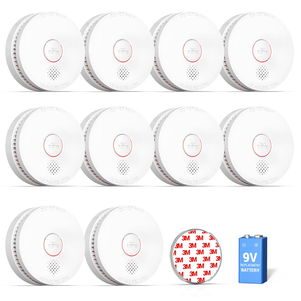 SITERWELL GS509A smoke detector front view highlighting 10-year life for home safety.