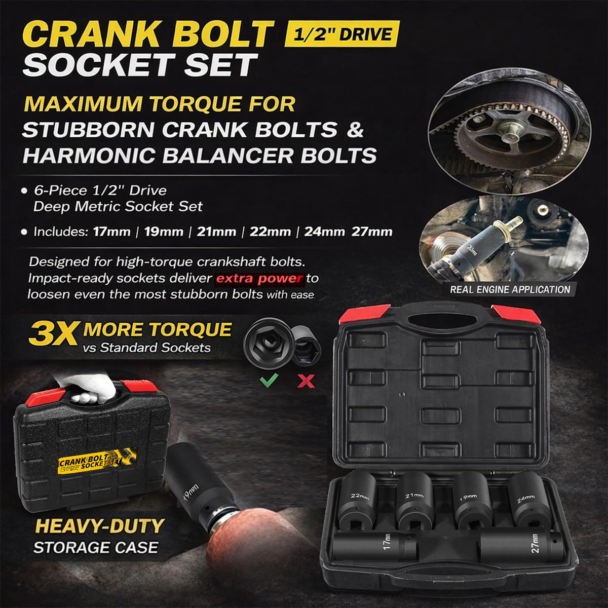 Sixcow half-inch drive weighted socket 19mm for quick crank bolt removal.