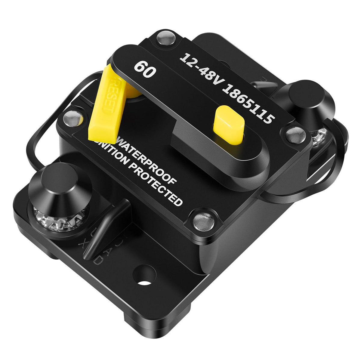 Sixcow MKR-27 60A circuit breaker front view protecting Minn Kota motor circuits.