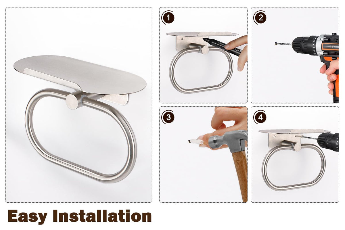 Siyzda 304 stainless steel towel ring with shelf shows 2-in-1 design.