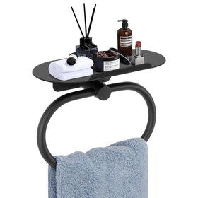 Siyzda towel ring with shelf on wall in matte black for organized bathroom storage