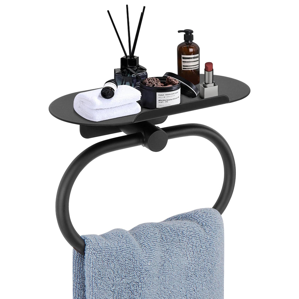 Siyzda towel ring with shelf on wall in matte black for organized bathroom storage