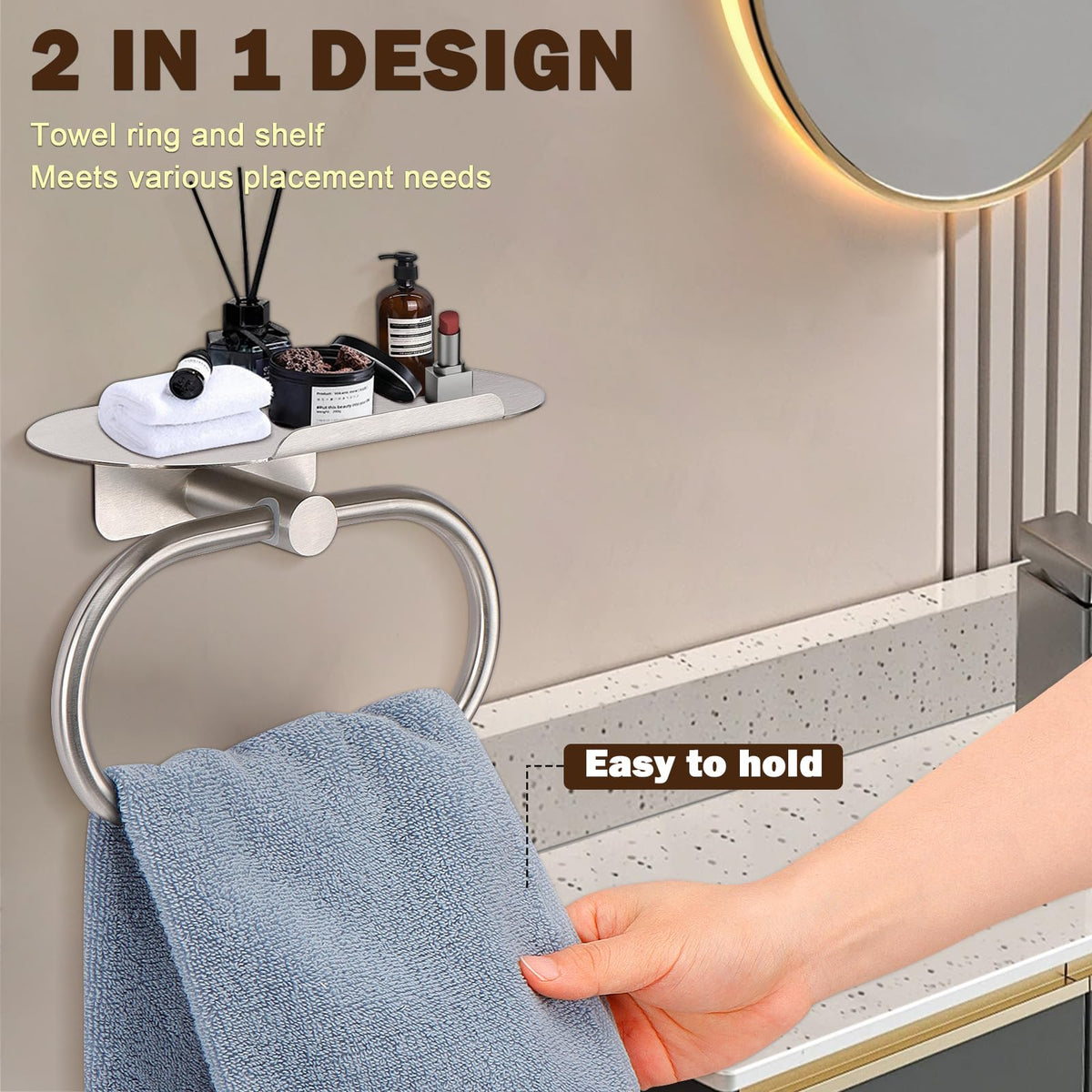 Siyzda brushed nickel towel ring with shelf complements modern bathrooms.