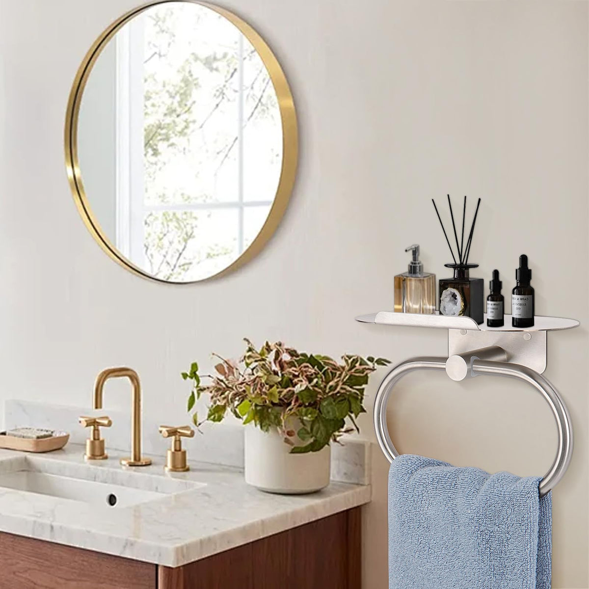 Siyzda versatile bathroom and kitchen organizer with shelf and ring.