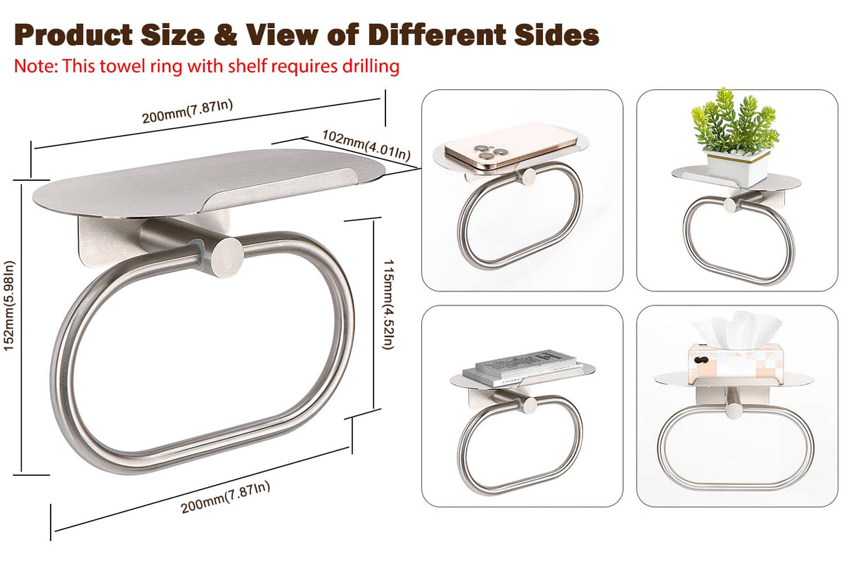 Siyzda compact towel rack with oval shelf adds soap storage.