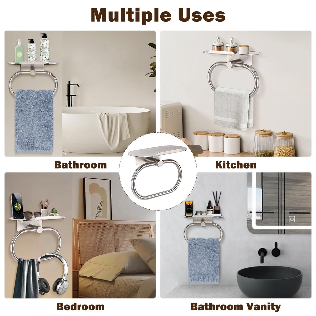 Siyzda wall-mounted towel ring with shelf ideal for small spaces.