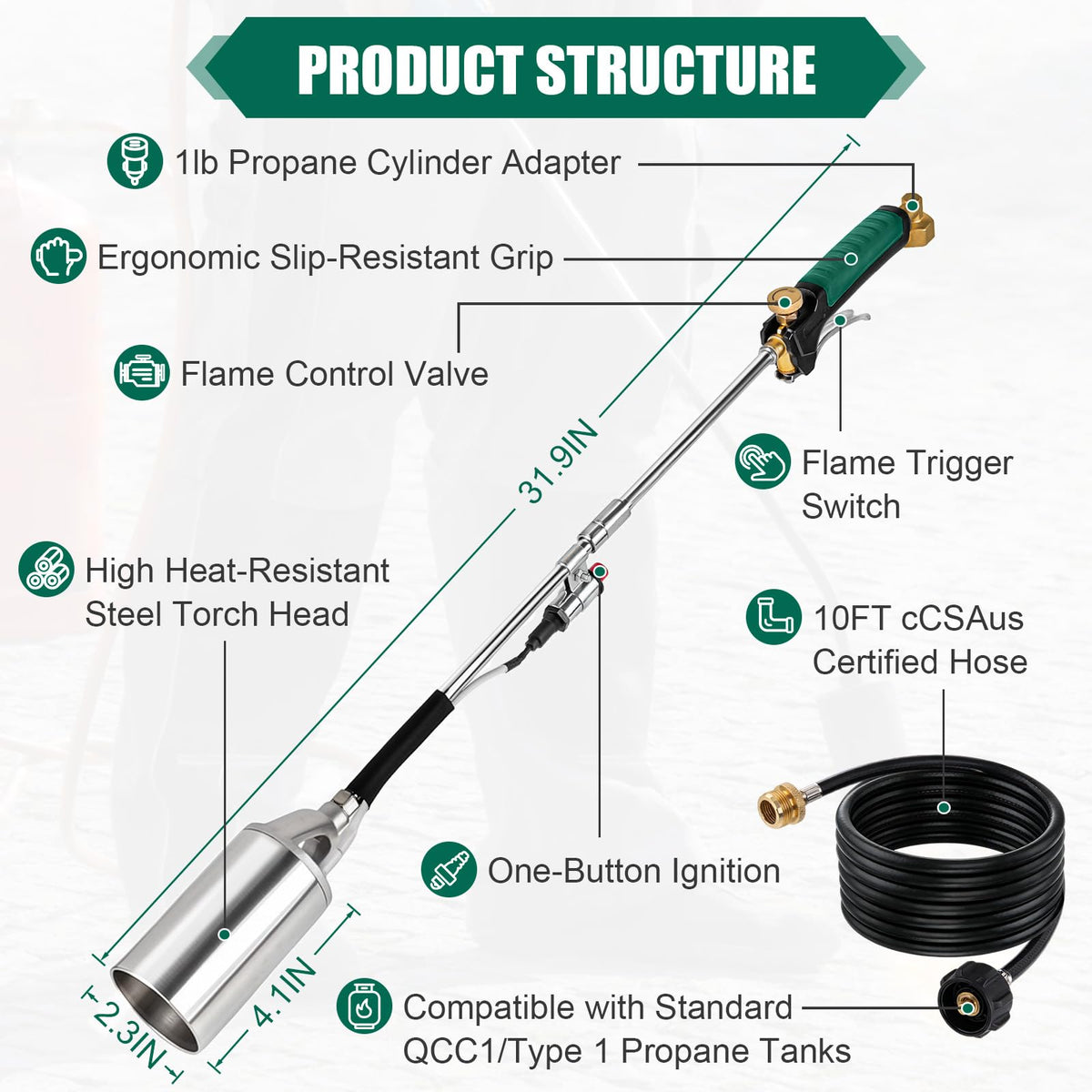 Siziviki torch with 10ft hose enabling extended reach for hard-to-reach spots.