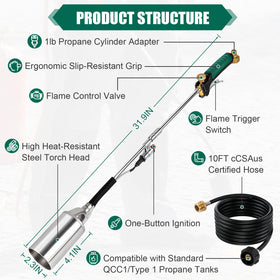 Siziviki torch with 10ft hose enabling extended reach for hard-to-reach spots.