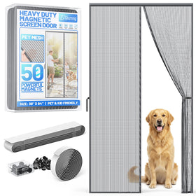 Sjuznng heavy-duty magnetic screen door mesh on a front door blocks bugs while inviting fresh air.