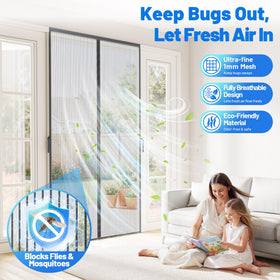 Sjuznng mesh door shows automatic closure, keeping bugs out while enabling easy pass-through.