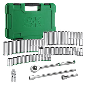 SK 1/4-inch drive socket set with quick-release ratchet in a case.