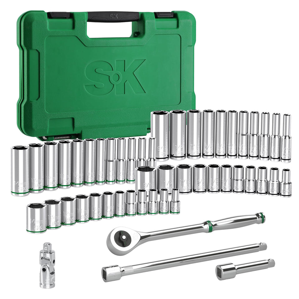 SK 1/4-inch drive socket set with quick-release ratchet in a case.