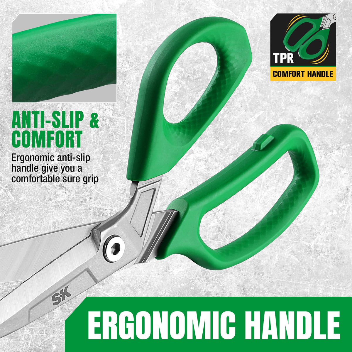 SK 10-Inch Heavy Duty Scissors ergonomic handle designed for comfort and control.