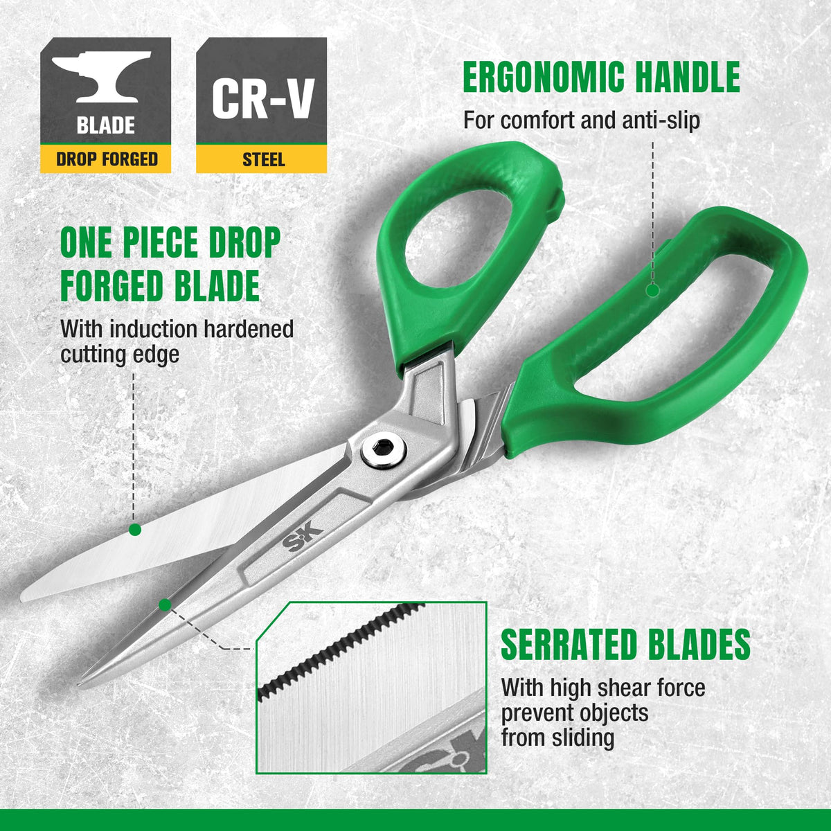 SK 10-Inch Heavy Duty Scissors one-piece forged blades for lasting rigidity and strength.