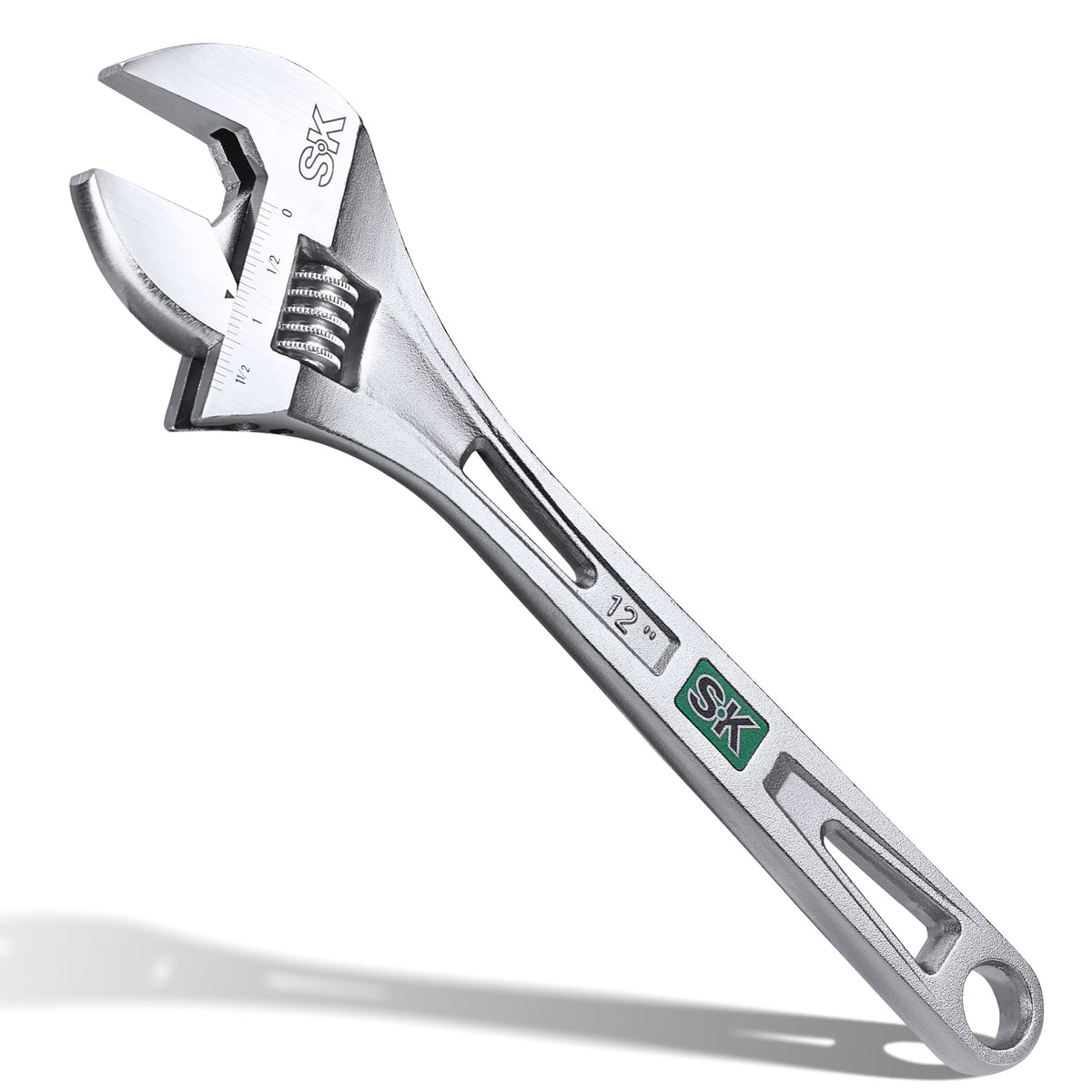 SK 12-Inch adjustable wrench with 1-9-16 jaw capacity for versatile fittings.