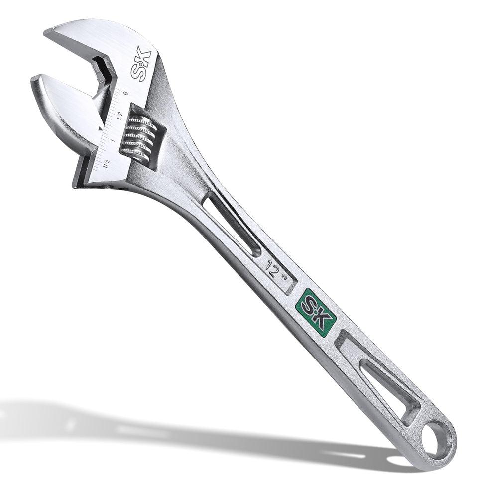 SK 12-Inch adjustable wrench with 1-9-16 jaw capacity for versatile fittings.