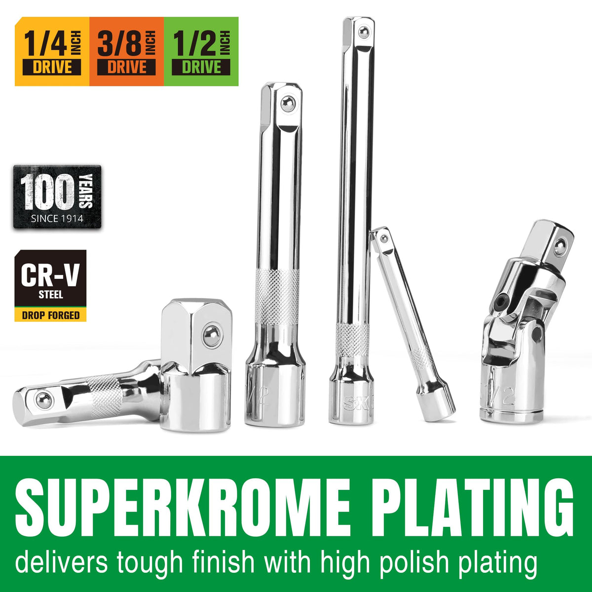 SK 20-piece socket extension set with 10 inch 1/4 drive extension for deep fasteners.