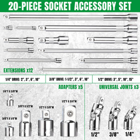 SK 20-piece socket extension set with 6 inch 1/4 drive extension for extended access.