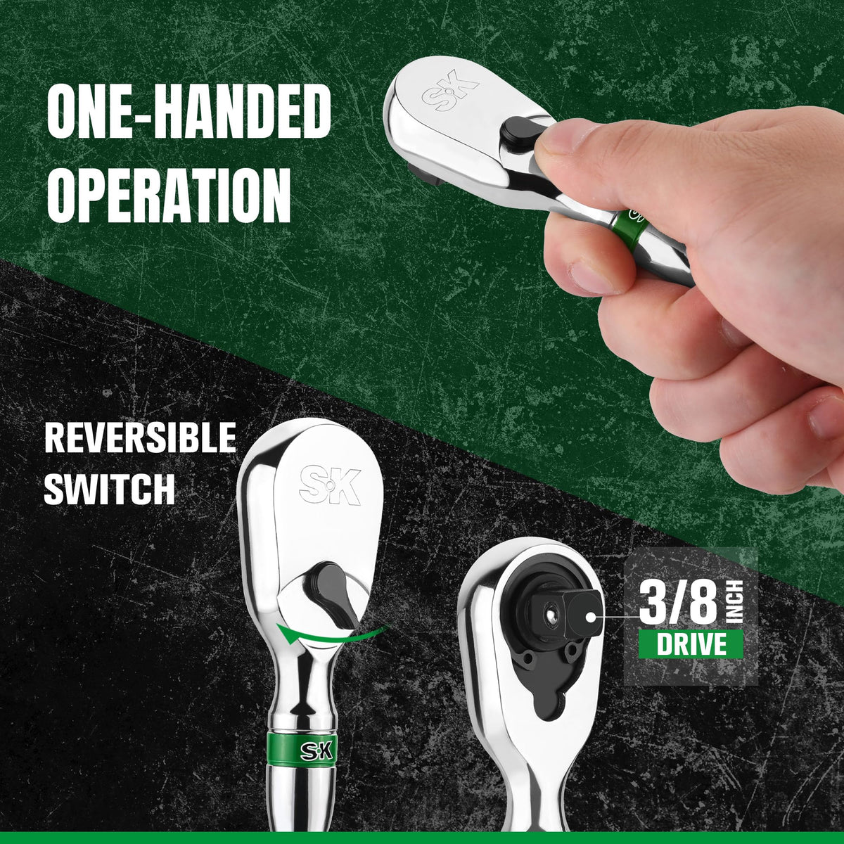 Contoured, polished handle on SK ratchet fits the palm for comfort.