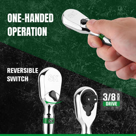 Contoured, polished handle on SK ratchet fits the palm for comfort.