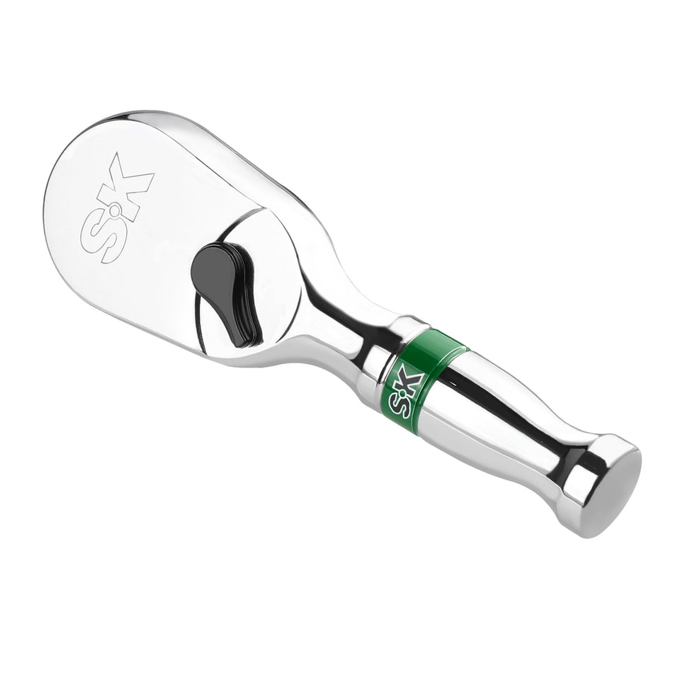 SK 3/8-inch stubby ratchet with pear head reaches into tight spaces for fasteners.