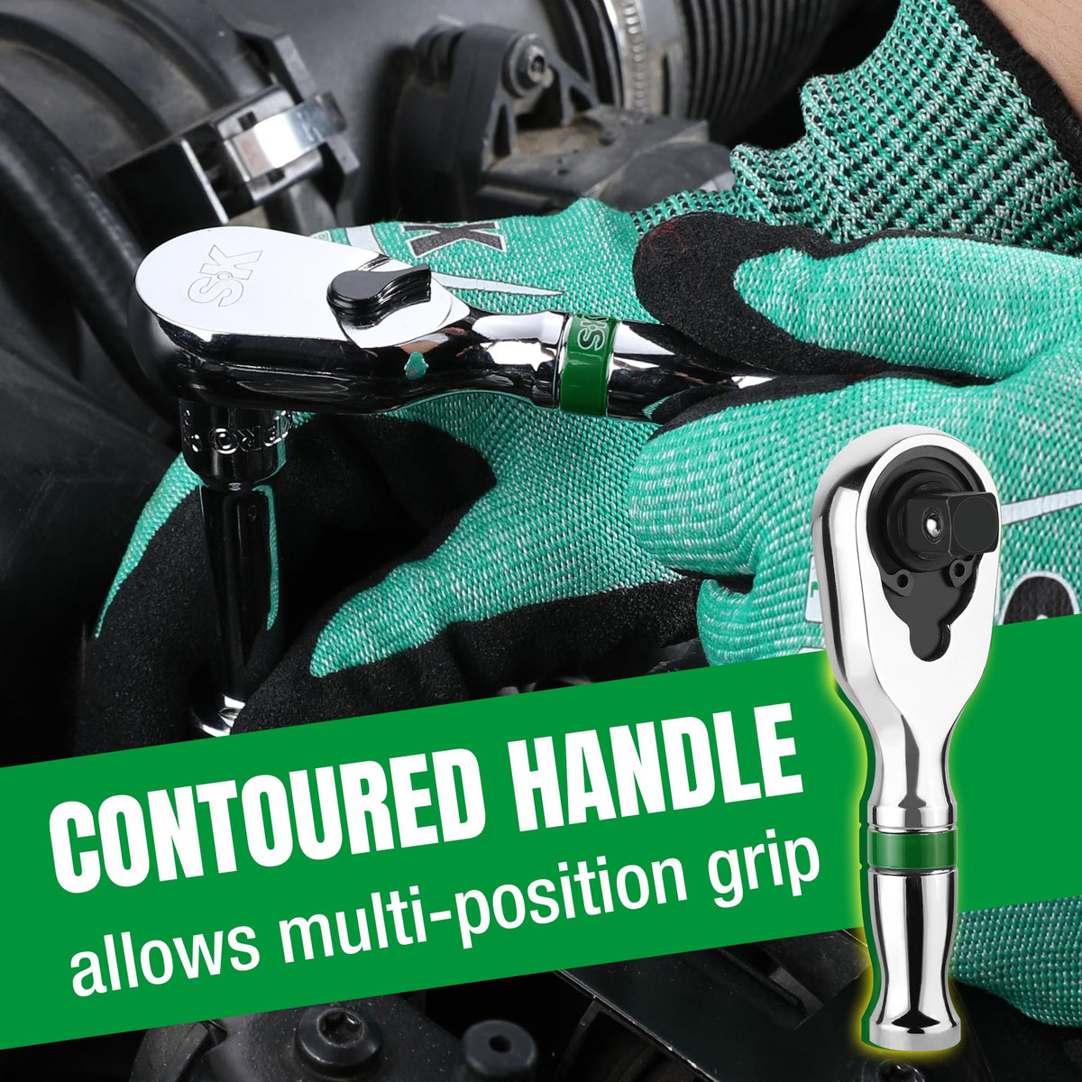 Polished SuperKrome finish adds durability and corrosion resistance to the SK ratchet.