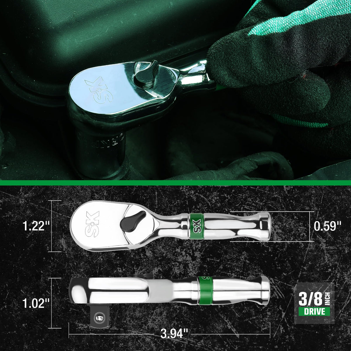 SK 3/8-inch stubby ratchet ideal for tight-space automotive and appliance work.