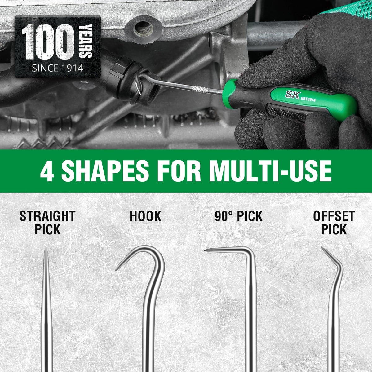 SK 4 Piece Hook and Pick Set 90° pick accesses corners for careful retrieval.
