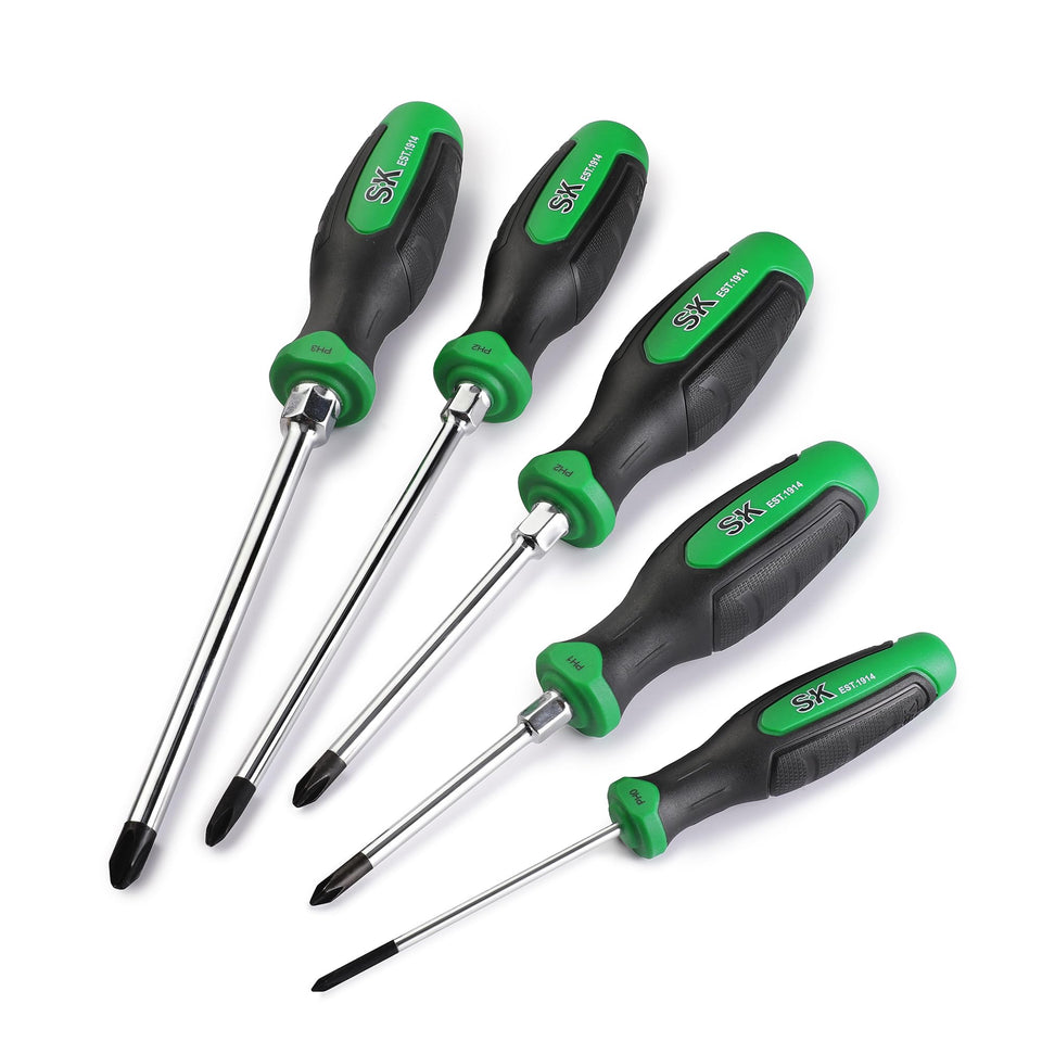 SK 5-Piece Phillips screwdriver set packaging shows organized kit for quick use by professionals.