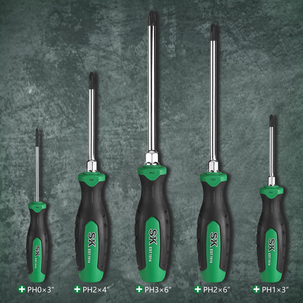 SK 5-Piece Phillips screwdriver set SureGrip handle for comfort and precision during torque.