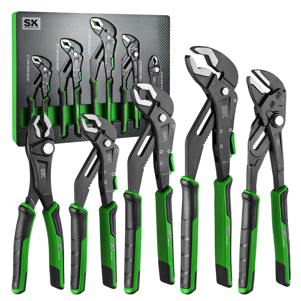 SK 5-piece pliers set slip-joint 8-inch close-up showing adjustable grip.