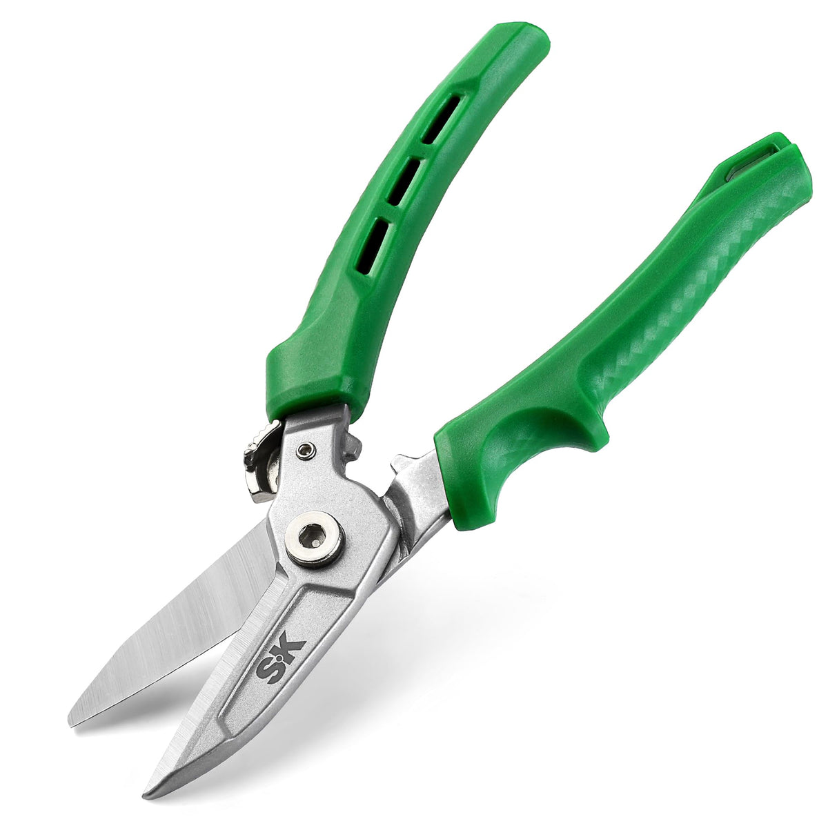 SK 8-inch heavy duty scissors blade close-up showing sharp CR-V edge for tough cuts