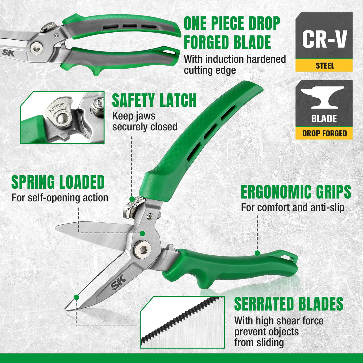 SK 8-inch heavy duty scissors ergonomic handle delivers comfortable, non-slip grip