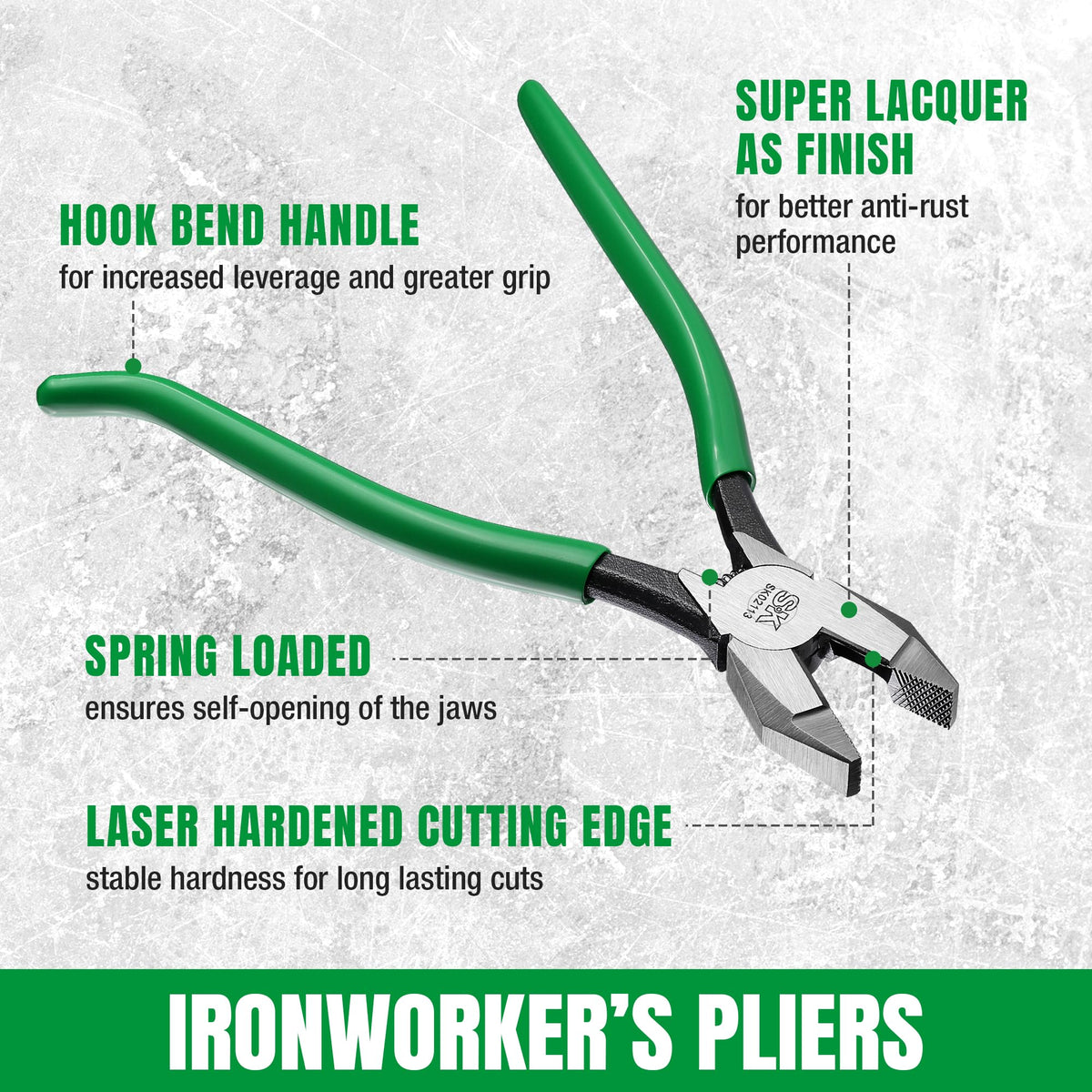 SK 9-inch ironworker's pliers cross-teeth jaws maximize grip.