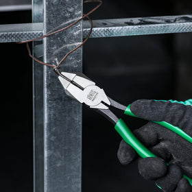 SK 9-inch ironworker's pliers in use with spring-loaded action.