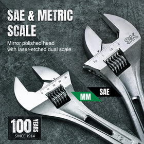 SK wrench showing dual SAE and metric scales for precise sizing.
