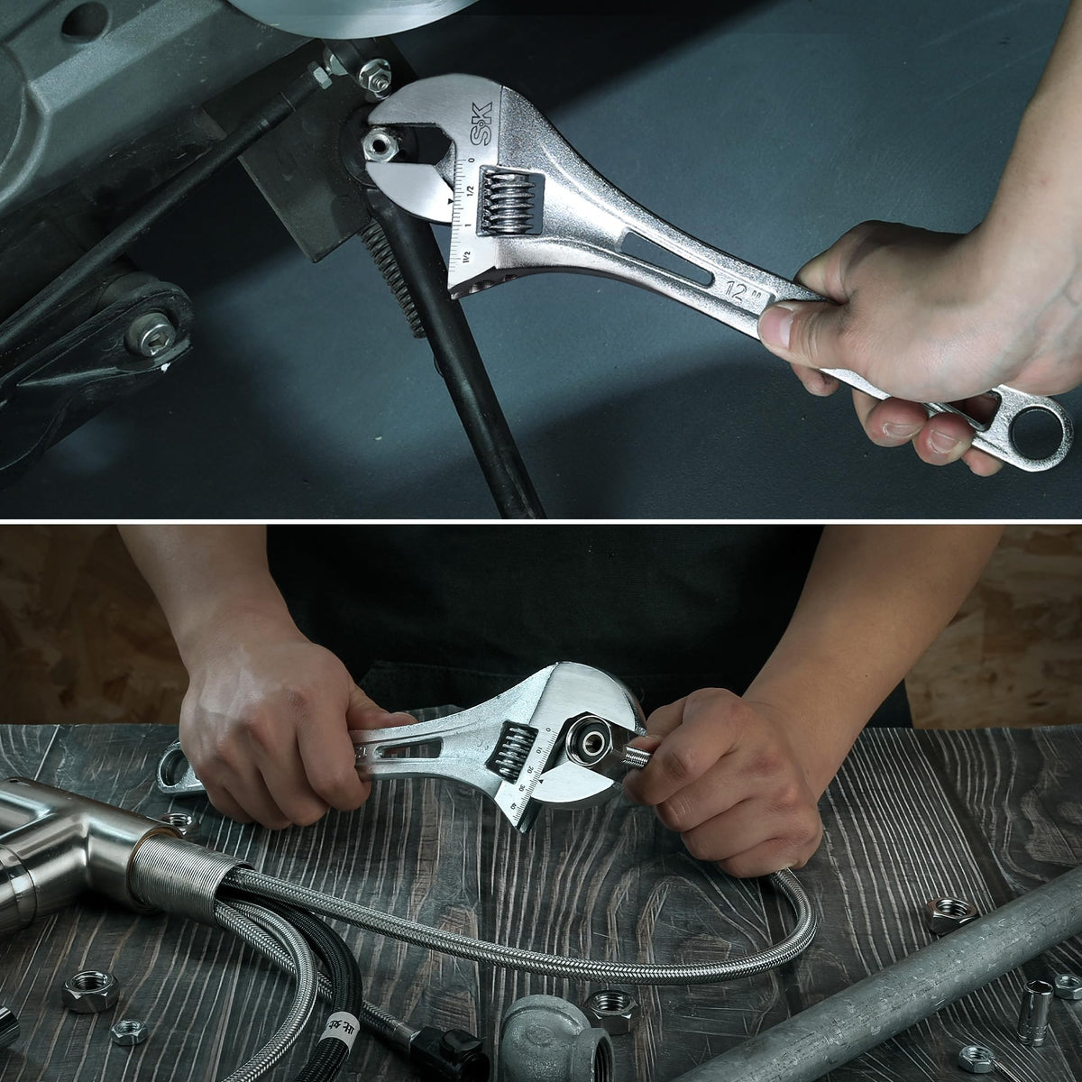 SK chrome-plated finish cleans grease from the wrench after use.