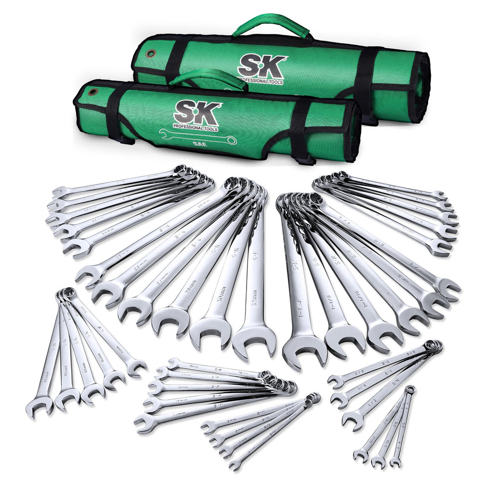 SK combination wrench set rolling pouch image shows portable organization for SAE and metric wrenches