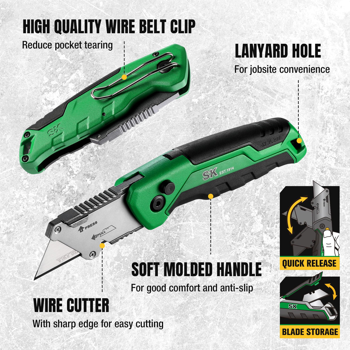 SK folding utility knife with 18mm blade for precise material cuts.