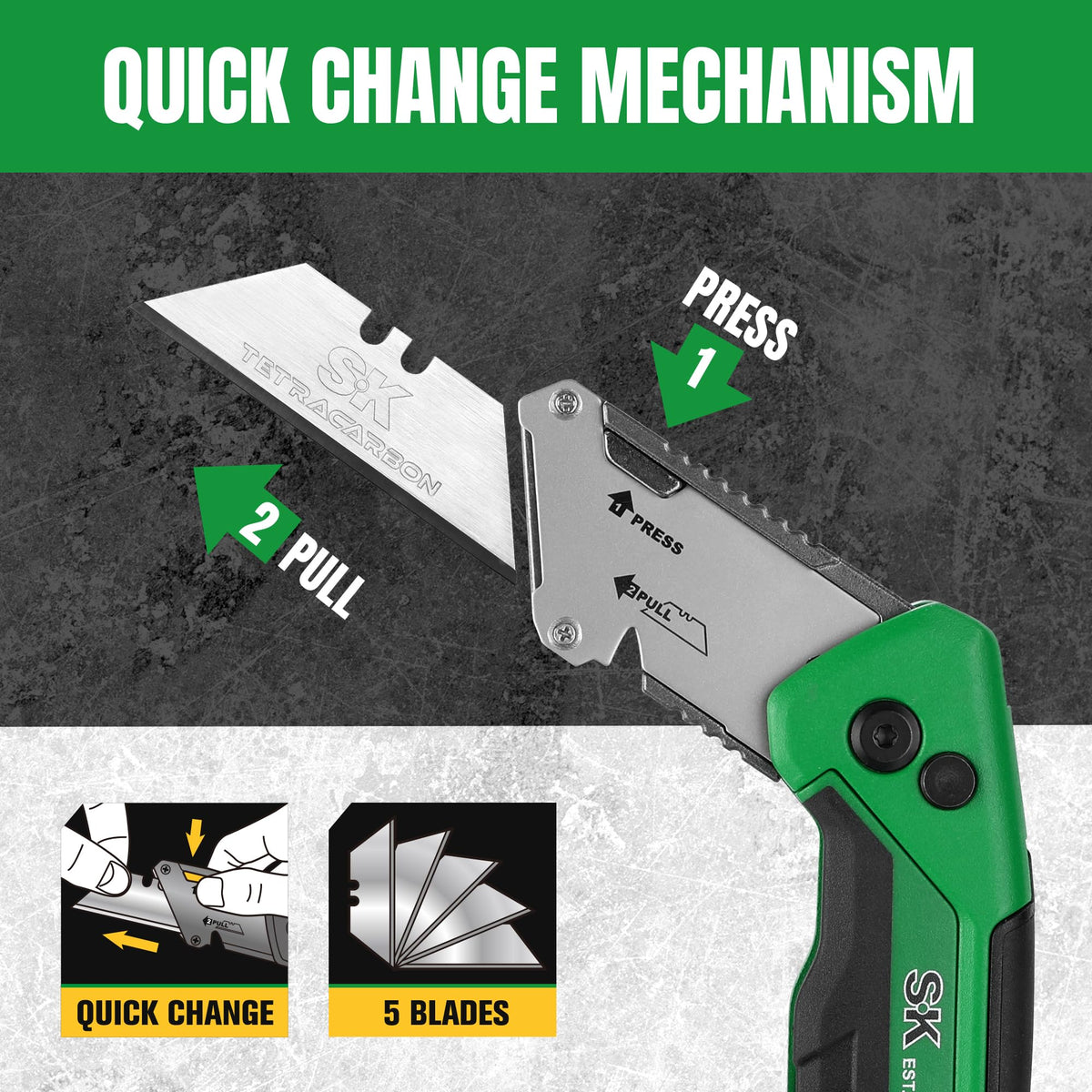 SK folding utility knife with ABS anti-slip grip for secure control.