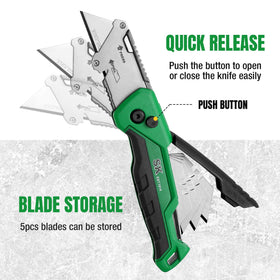 SK folding utility knife with aluminum die-cast handle for durability.